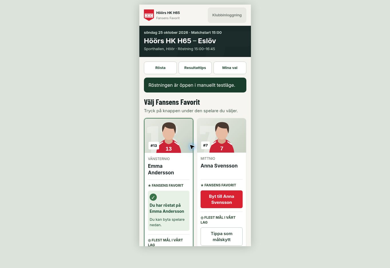 Mobilvy med kompakt matchinformation, spelarkort och bekräftelsen Du har röstat på Emma Andersson